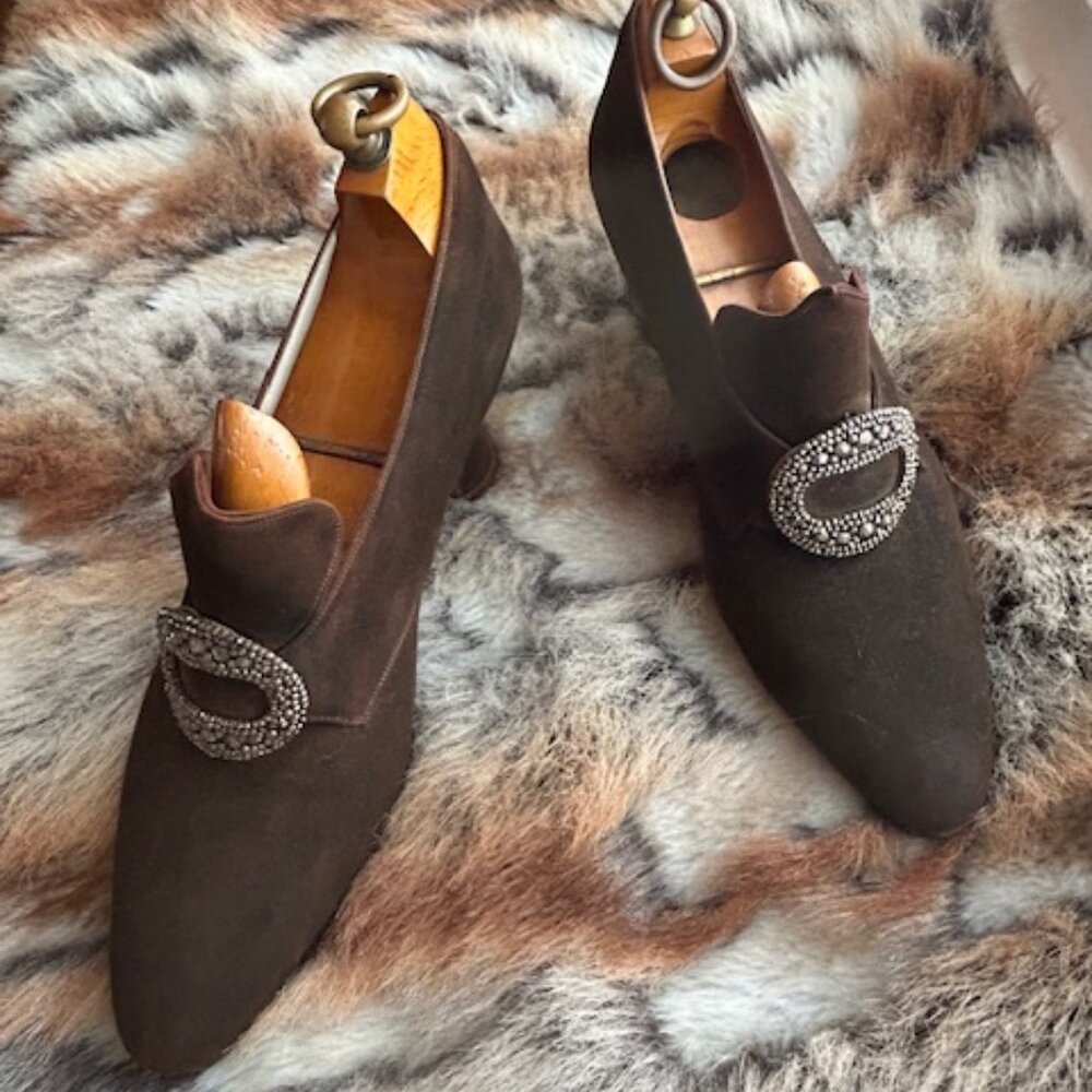 Antique Womens Peal & Co.1900's Brown Suede Edwardian Shoes Marcasite Buckles